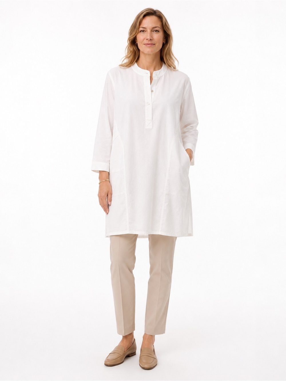 Eileen Fisher White Cotton Poplin Stretch Tunic Top 2X Mandarin Collar Pockets
